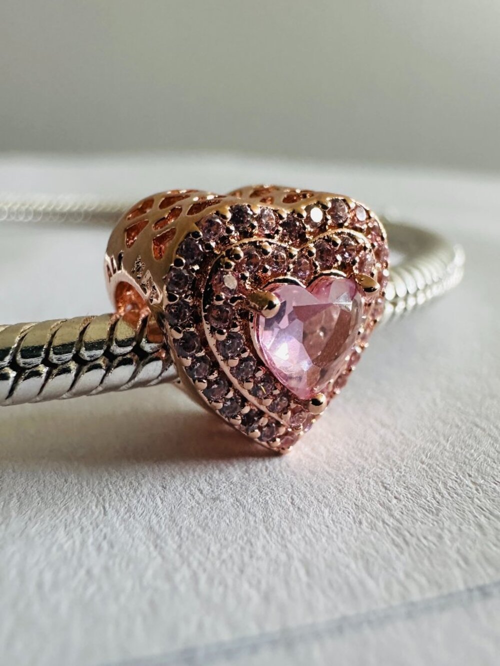 NEW Authentic Pandora Sparkling Levelled Heart Charm Rose Gold 789218C01 - Picture 2 of 5